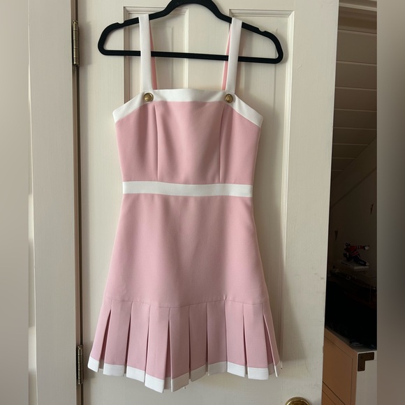 NWT Alice + Olivia Clarine square neck pleated mini dress pink & white sz 0 - Picture 2 of 8